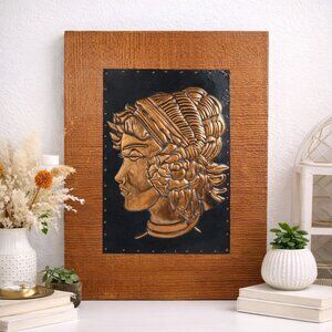 Vintage Handcrafted Copper & Wood Wall Art With Womans Profile Design